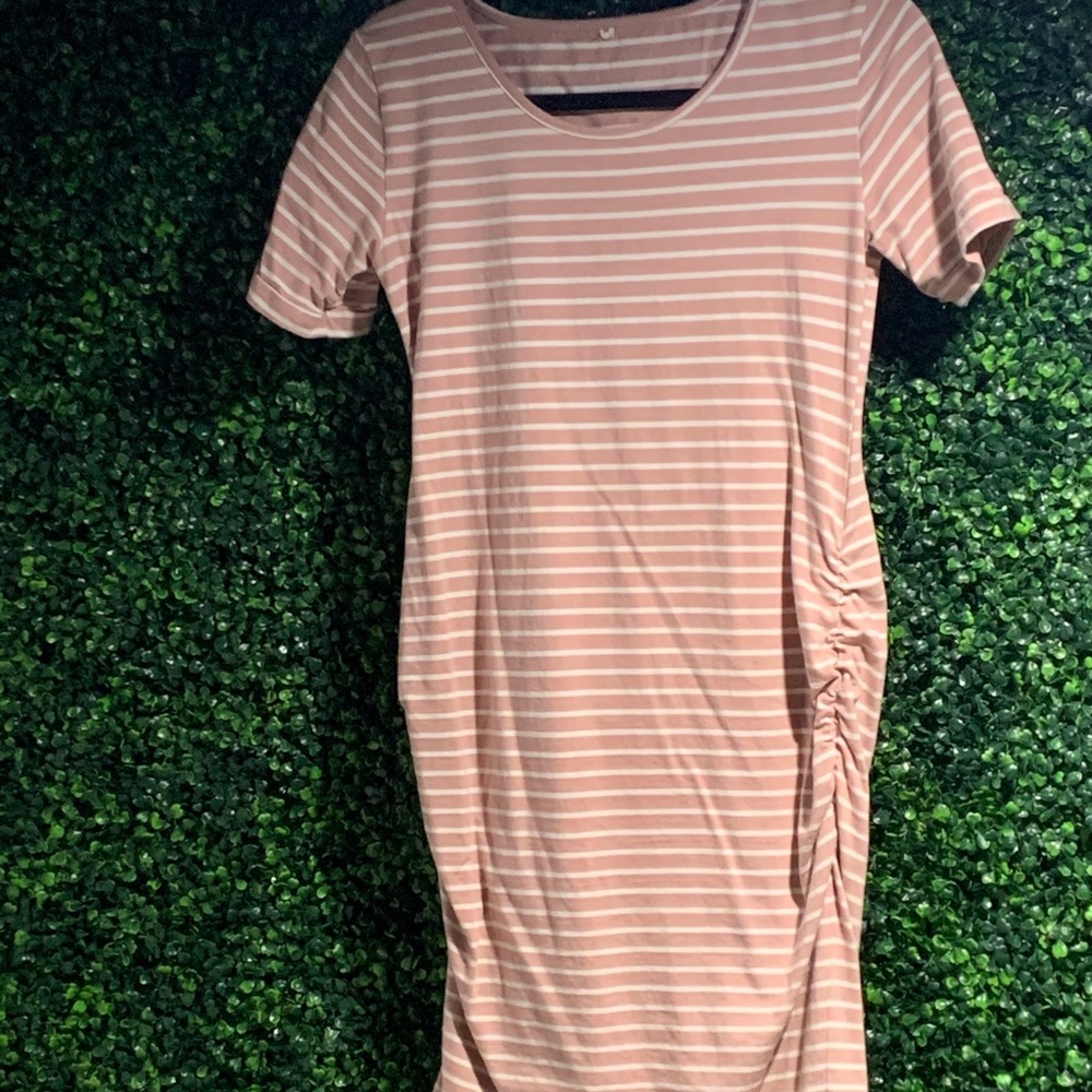 Pink and white striped maternity dress